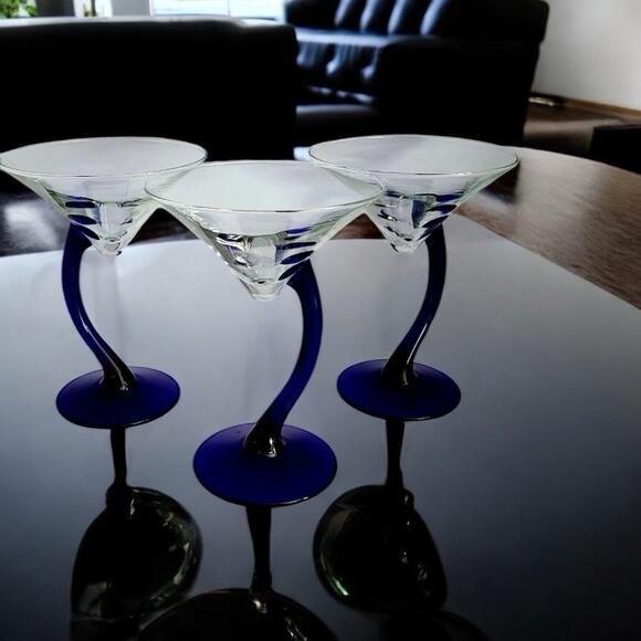 Libbey Swerve Cobalt Blue Stem Martini Glass Set Of 3- Vintage - Picture 6 of 6